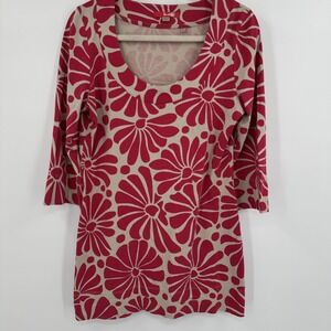 Boden Tunic Top Womens US 10 UK 14 Beige Red Floral Print 3/4 Sleeve Boho Casual